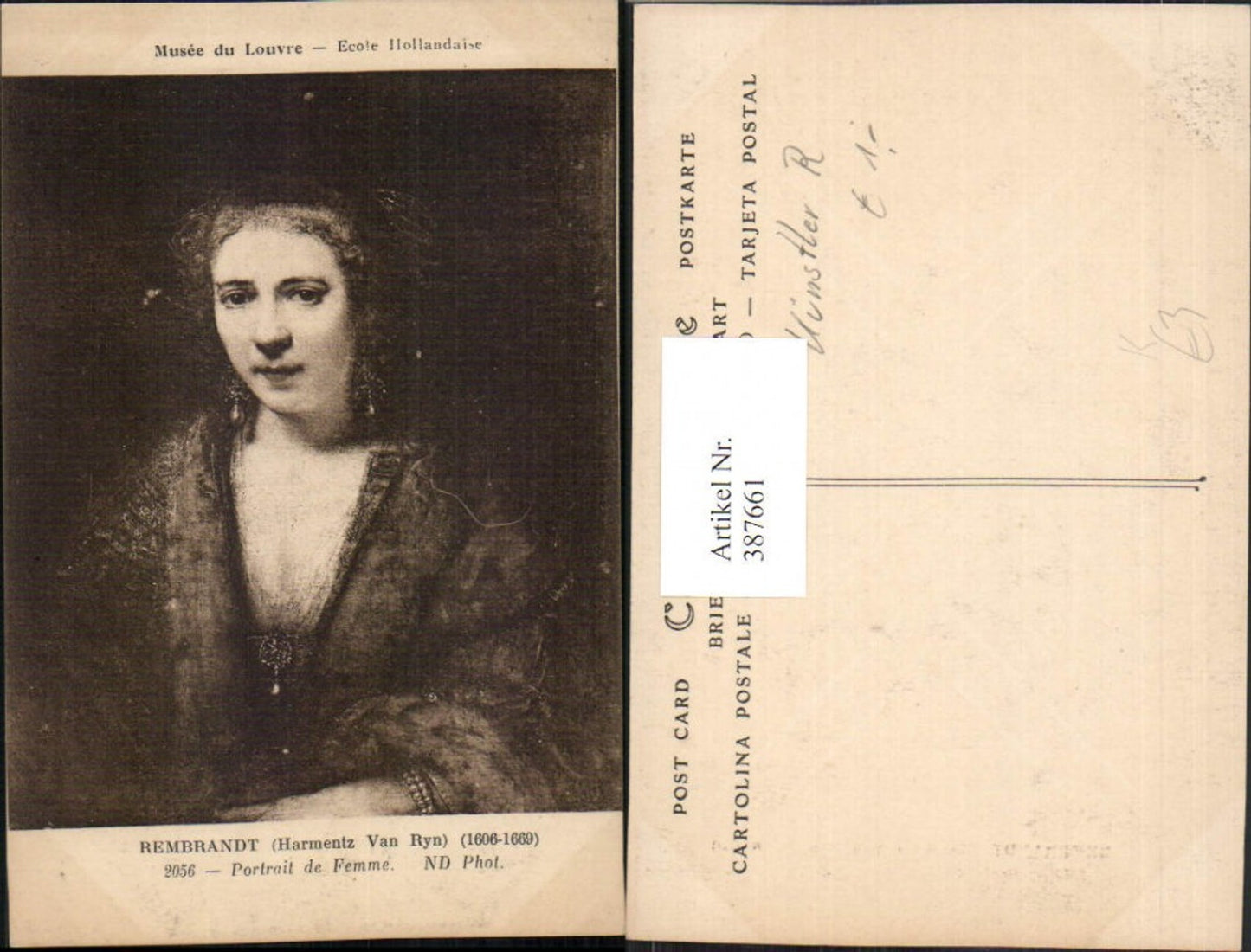 387661,Künstler AK Rembrandt Harmentz van Ryn Musee du Louvre Portrait de Femme Frau