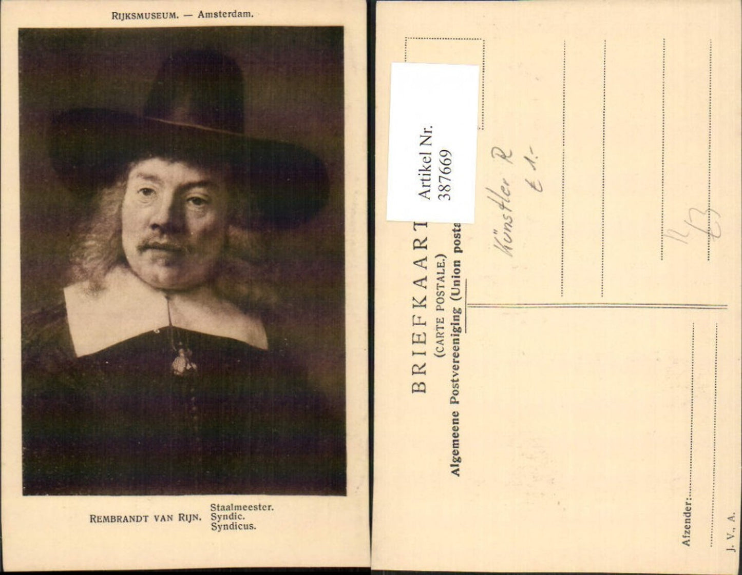 387669,Künstler AK Rembrandt van Rijn Staalmeester Syndicus Mann m. Hut Portrait