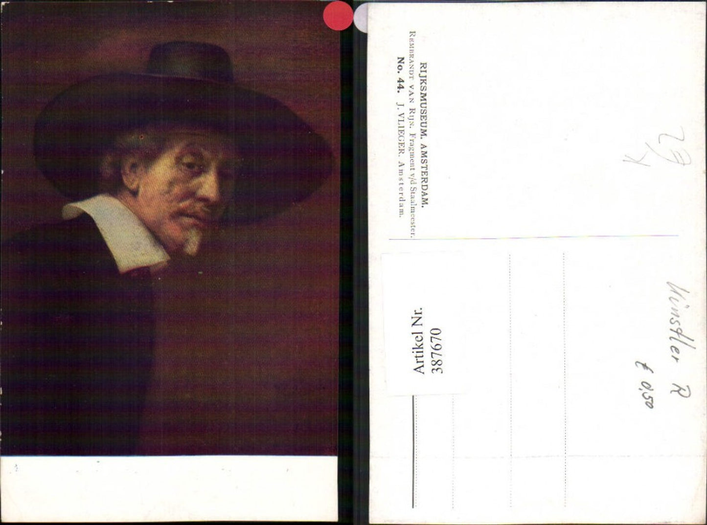 387670,Künstler AK Rembrandt van Rijn Fragment Staalmeester Mann m. Hut Portrait