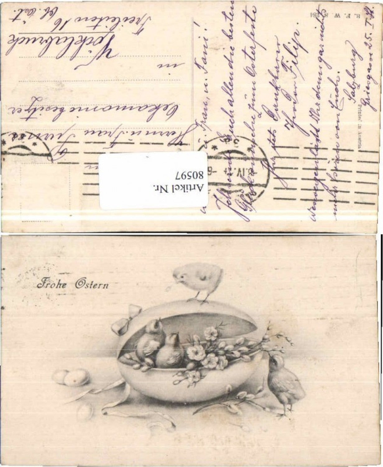 80597,Jugendstil Ostern Küken Osterei Palmkätzchen 1900