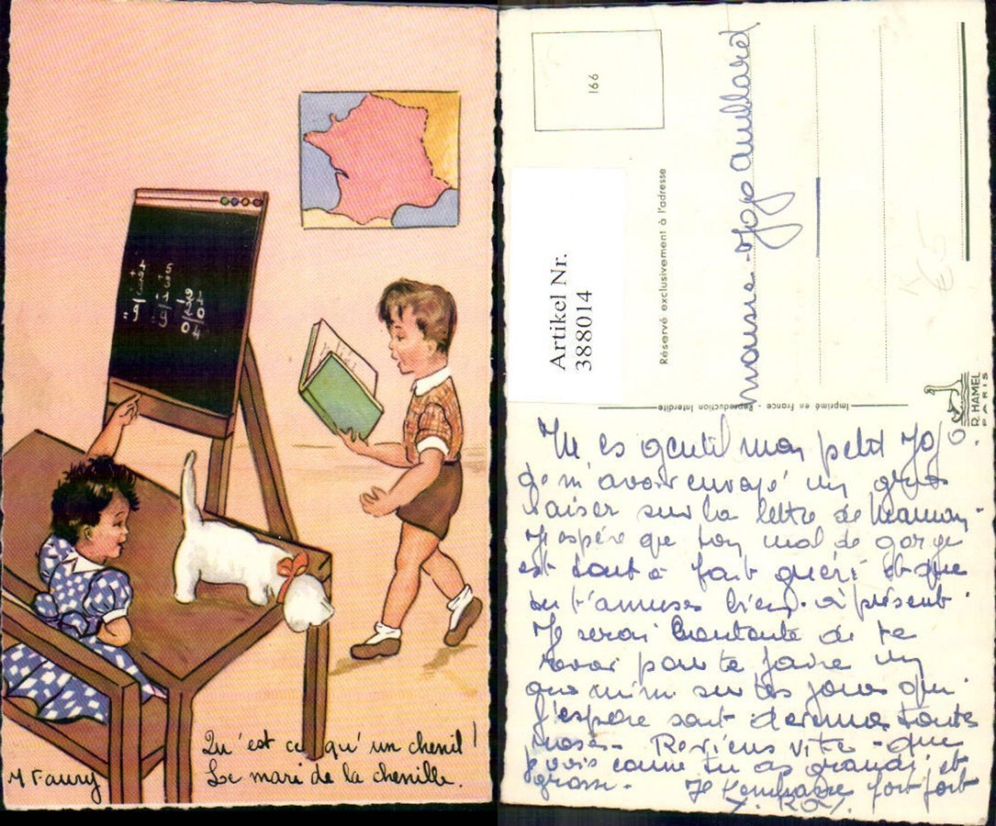 388014,Künstler Ak M. Faury Kinder in der Schule Katze Tafel Lesen Spruch