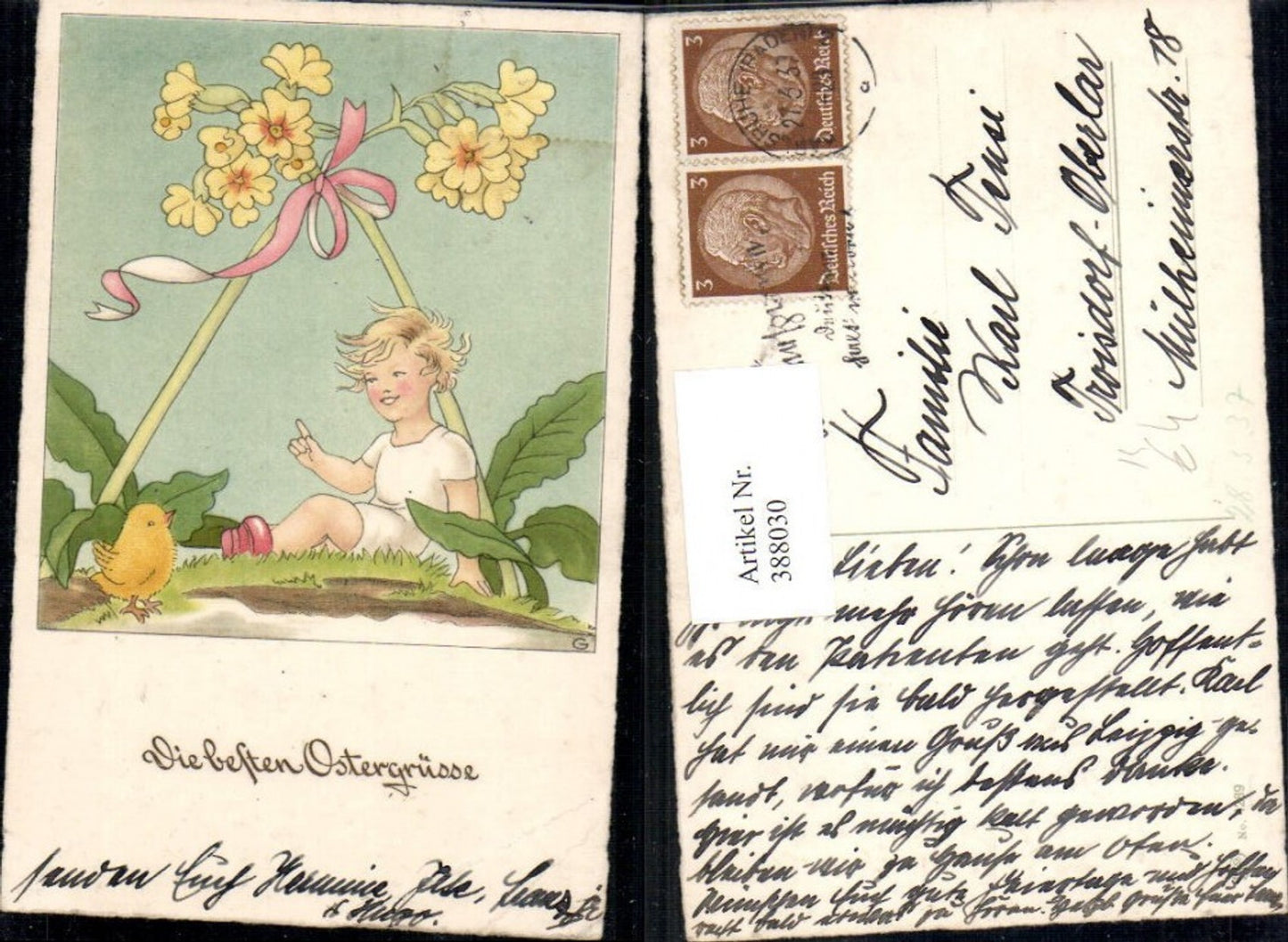 388030,Künstler Ak Kind m. Küken Schlüsselblume Blume Schleife Ostern