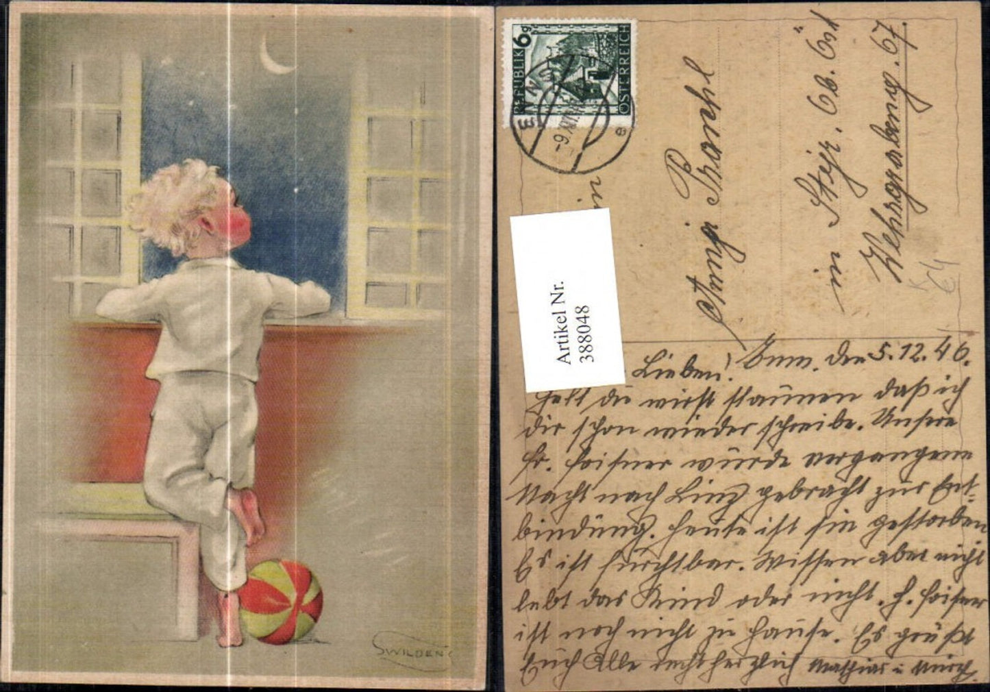 388048,Künstler Ak Swildens Kind Junge Bub schaut a. Mondsichel Fenster Ball Spielzeug