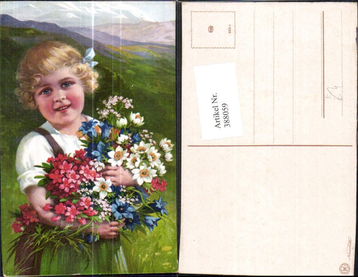 388059,Künstler Ak Kind Mädchen Lockenkopf Haarschleife m. Blumen Strauß pub Novolito