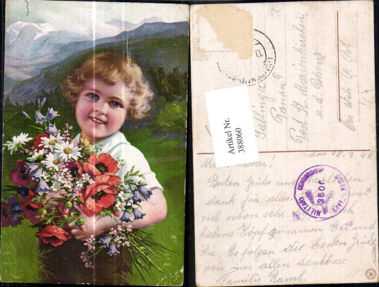 388060,Künstler Ak Kind Blonder Lockenkopf m. Blumen Strauß Bergkulisse pub Novolito