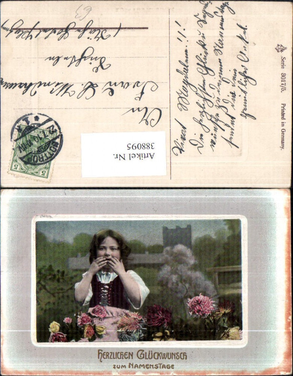 388095,Kind Mädchen i. Tracht Dirndl Blumen Präge Passepartout