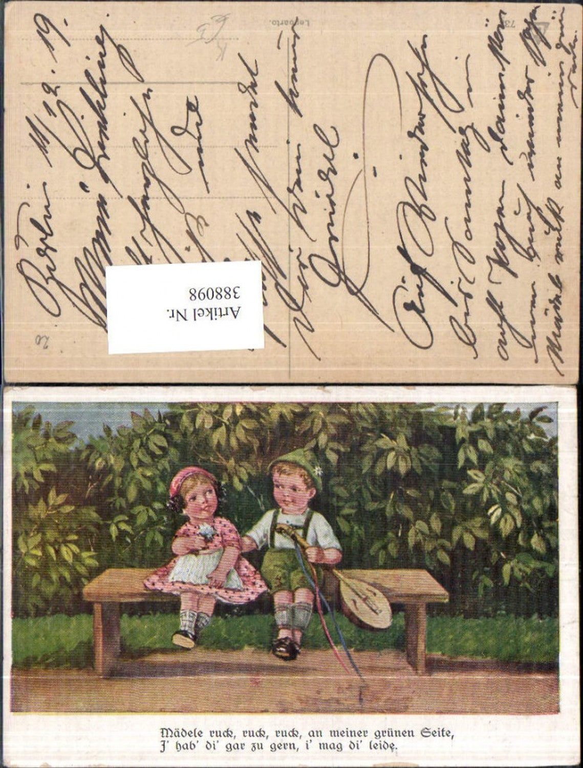 388098,Künstler Ak Kinder Tracht m. Mandoline auf Holzbank sitzend  Musik Spruch