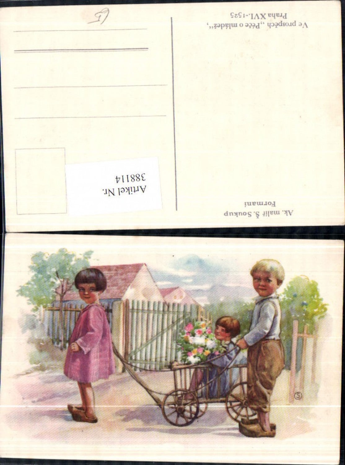 388114,Künstler Ak S. Soukup Formani Kinder m. Leiterwagen Holzschuhe Blumenstrauß