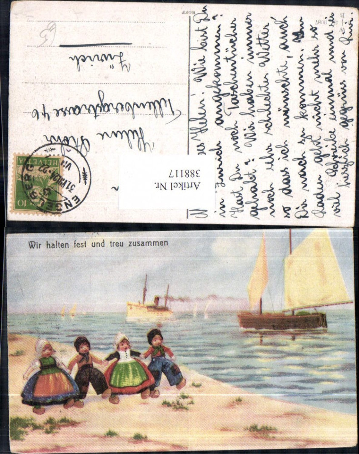 388117,Künstler Ak Kinder Tracht Niederlande Ufer Segelboote Schiffe Dampfer