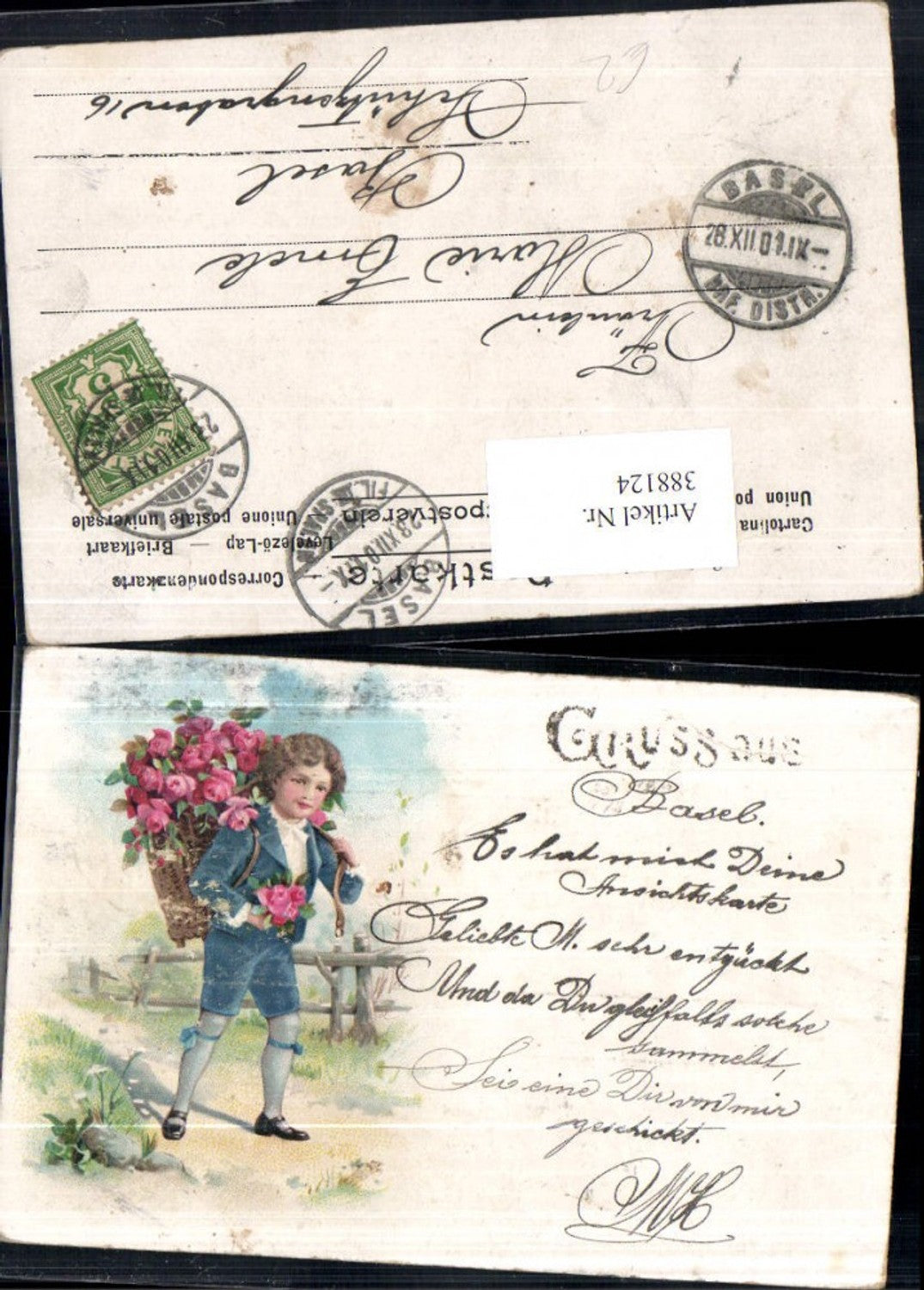 388124,Künstler Ak Kind Bub Junge Rückenkorb m. Blumen Rosen