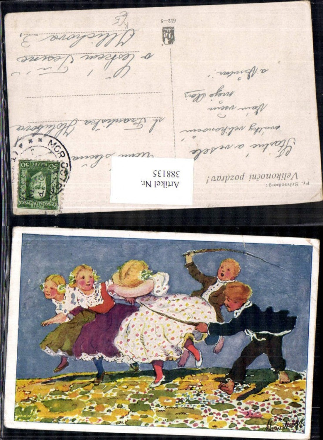 388135,Künstler Ak Fr. Schneiberg Kinder Spielen a. Wiese Buben m. Peitsche