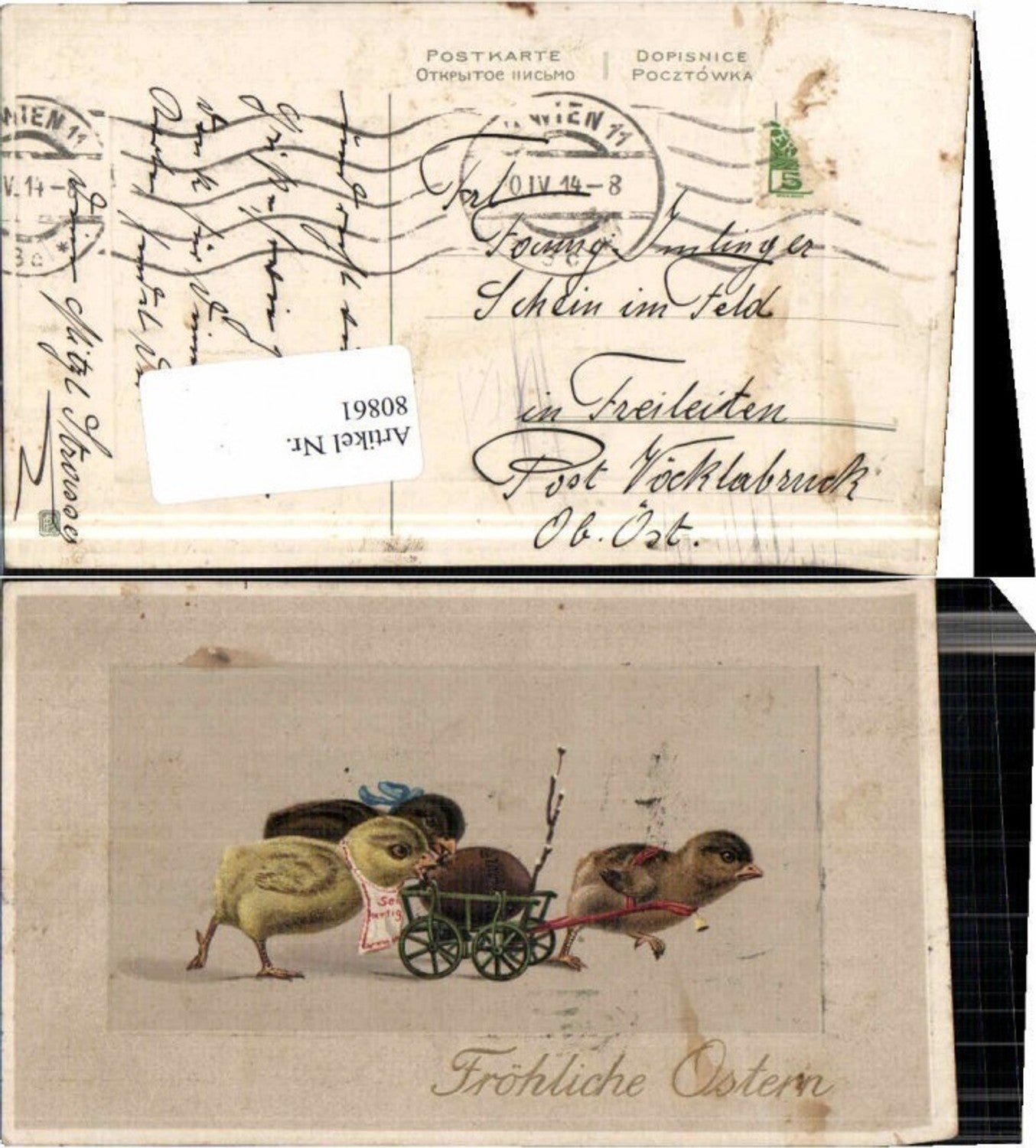 80861,Präge AK Ostern Küken Leiterwagen Osterei