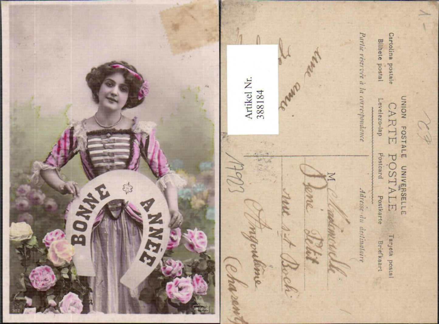 388184,Frau Lockenkopf Haarband Hufeisen Rosen Blumen Bonne Annee