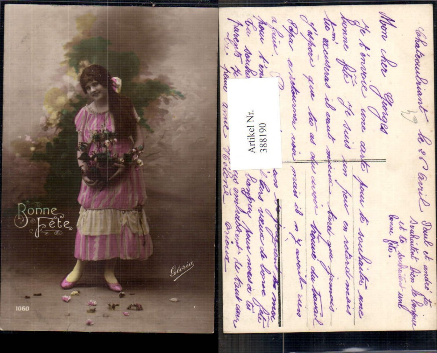 388190,Frau m. langen Haaren Haarschleife Kleid Korb Rosen Blumen