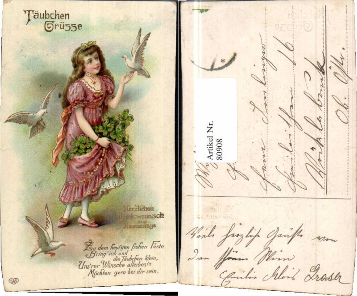 80908,EAS Gold Druck Tauben Namenstag Kleeblatt