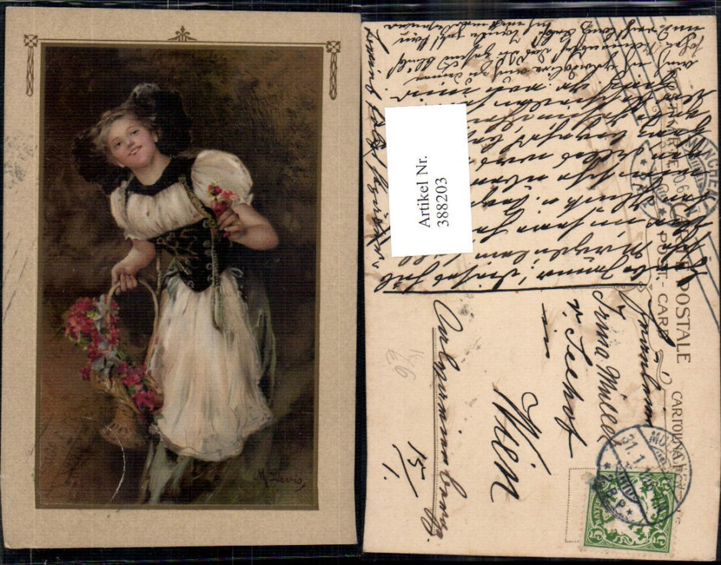 388203,Künstler Ak M. Levis Frau Tracht Kopfbedeckung Korb Blumen Passepartout