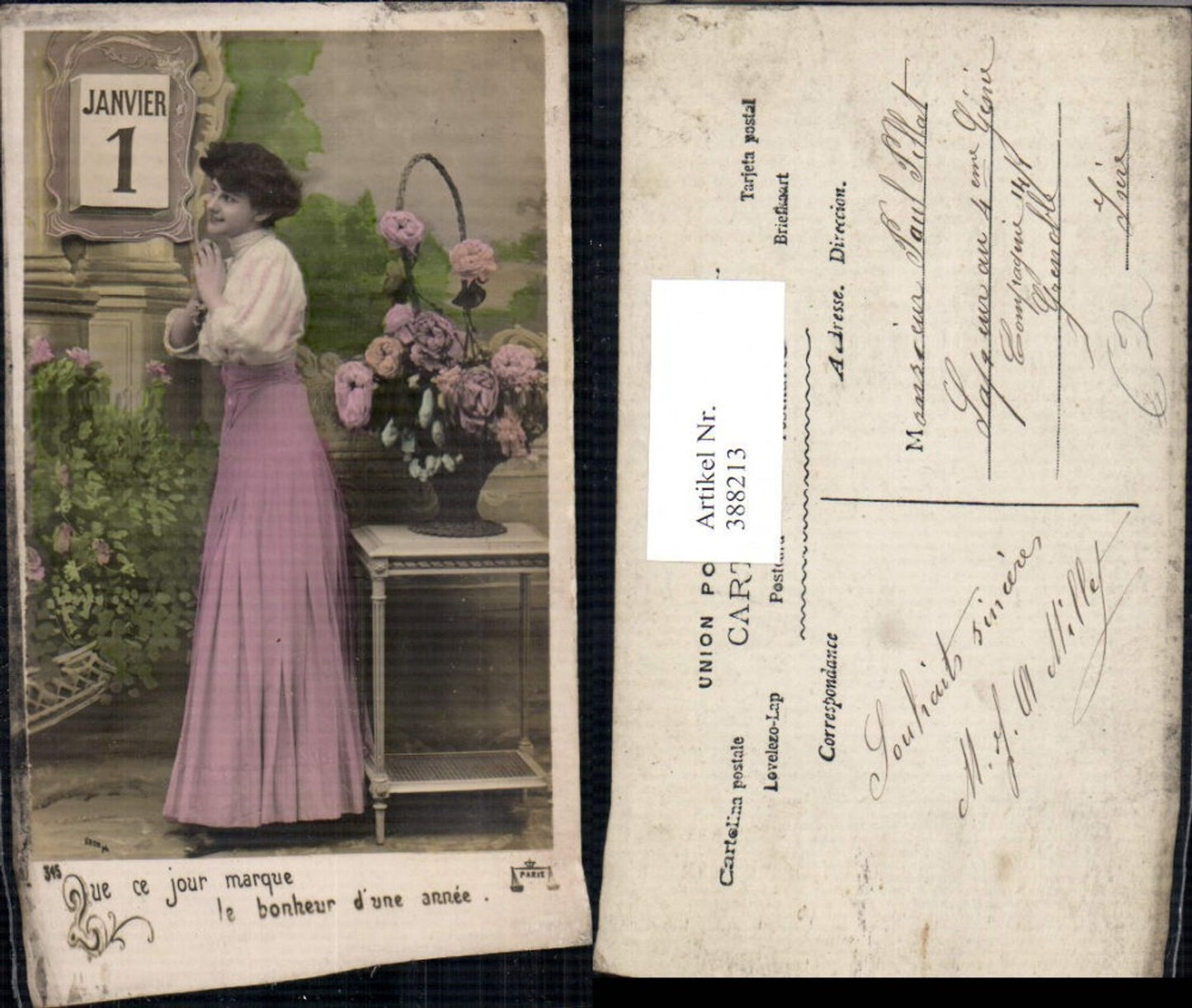 388213,Frau Betende Hände Kalenderblatt 1 Januar Blumenkorb Blumen Spruch