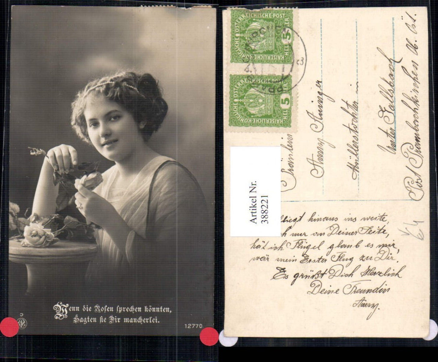 388221,Frau Haarschmuck Perlenkette i. Haar Rosen Blumen Spruch pub NPG 12770
