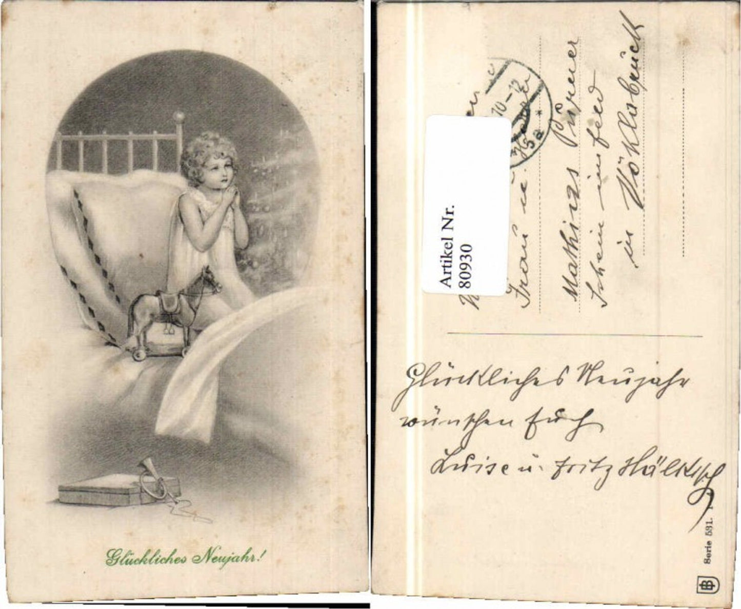 80930,Jugendstil Kind Spielzeug im Bett Neujahr Baum