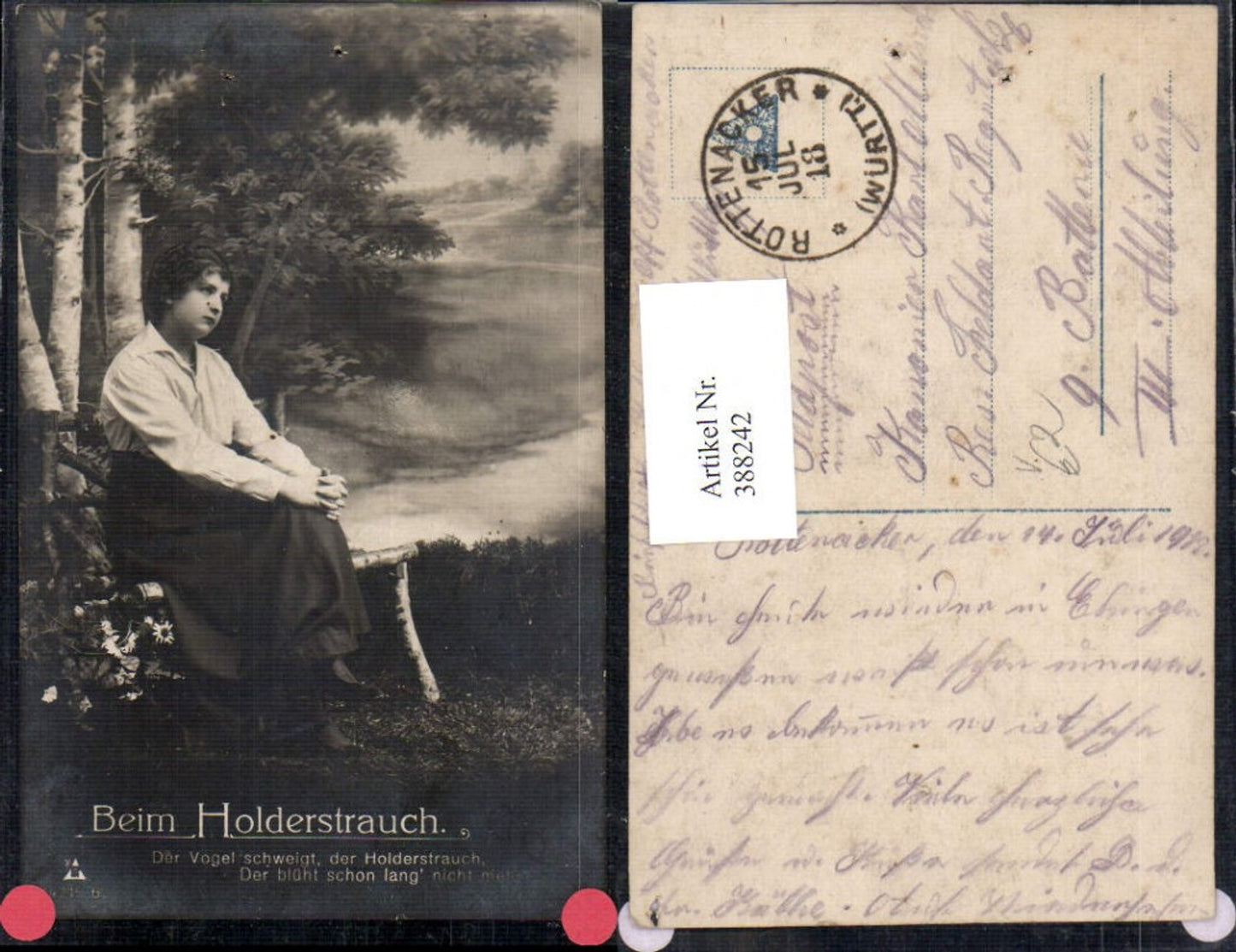 388242,Frau a. Birkenbank Bank sitzend Beim Holderstrauch Spruch pub Photochemie 4215/6