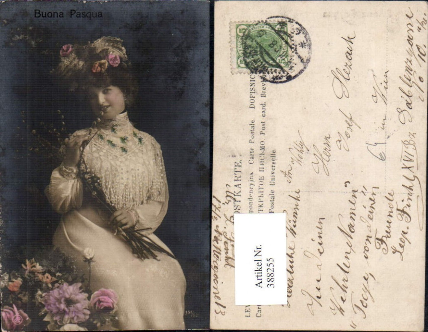 388255,Frau Hut Rosen Blumen i. Haar Palmkätzchen Weidenkätzchen Ostern