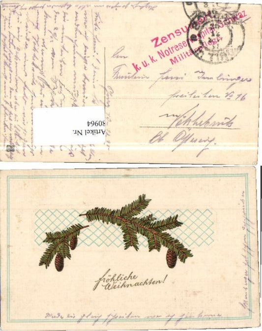 80964, Christmas commemorative stamp, field post, censorship, Schwaz, pine cone