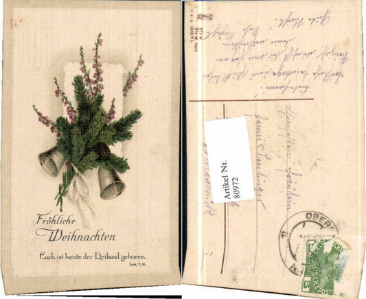 80972, Christmas stamp, bells, branches, saying, Luke Gospel