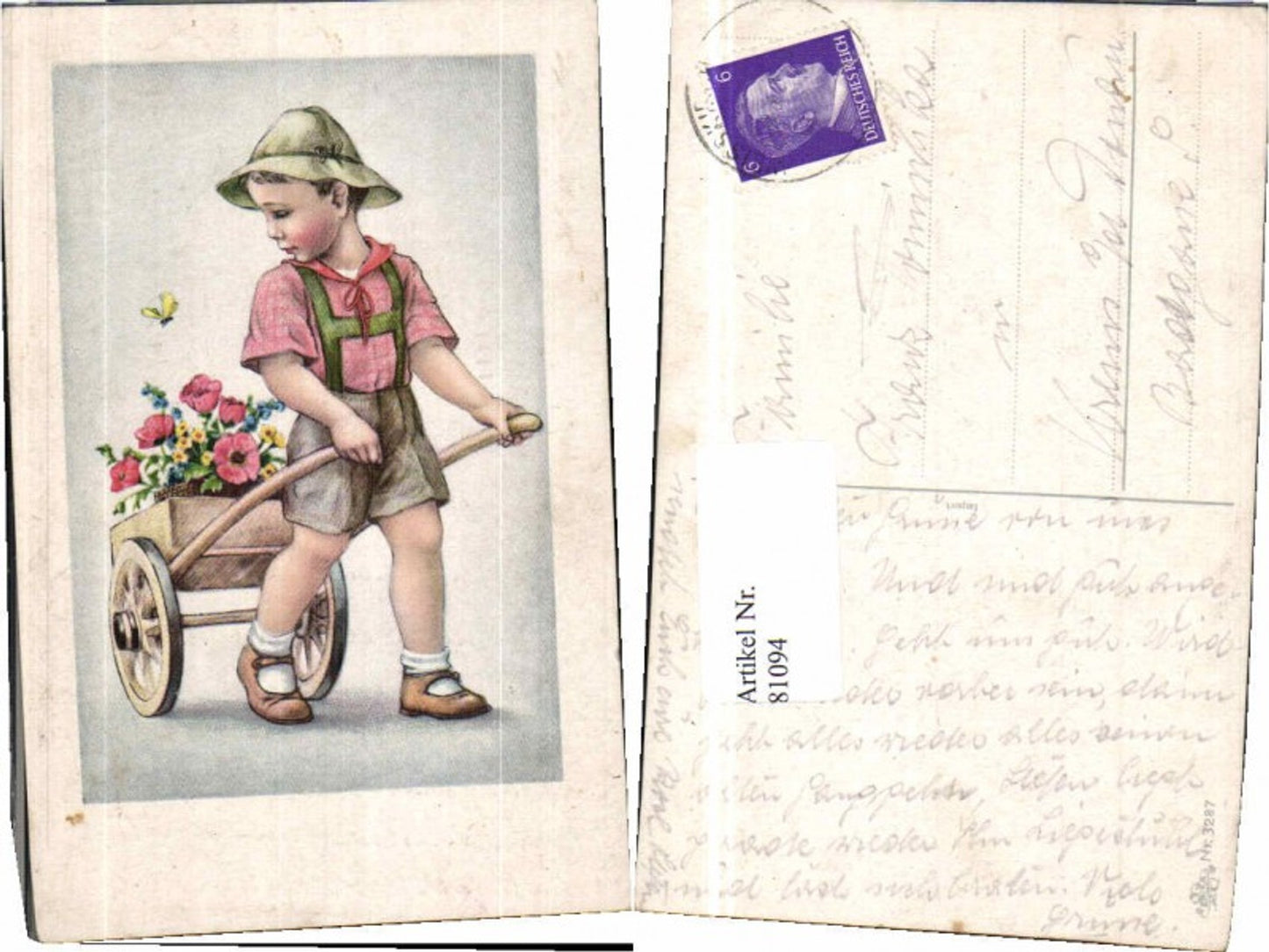 Süsser Junge Schubkarren Blumen Schmetterling Erika 3287 81094