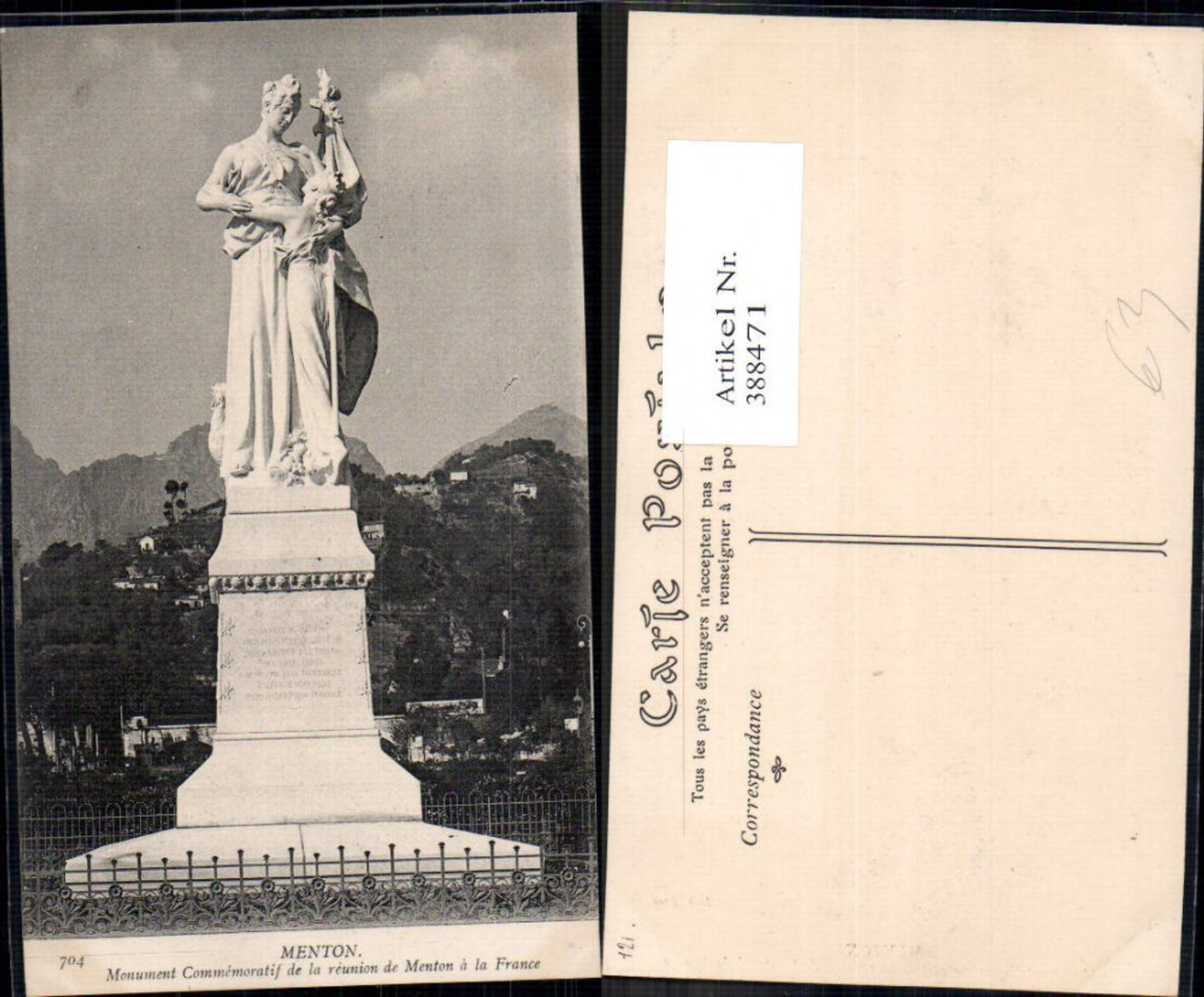 388471,Statue Monument Menton Monument Commemoratif de la reunion de Menton a la France
