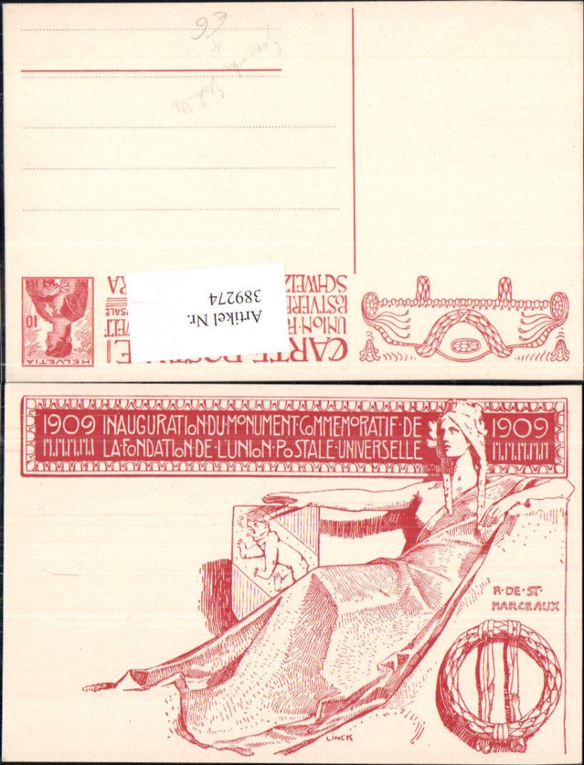 389274,Künstler Ak Linck Inauuration du Monument Postverein Schweiz R de ST Marceaux 1909