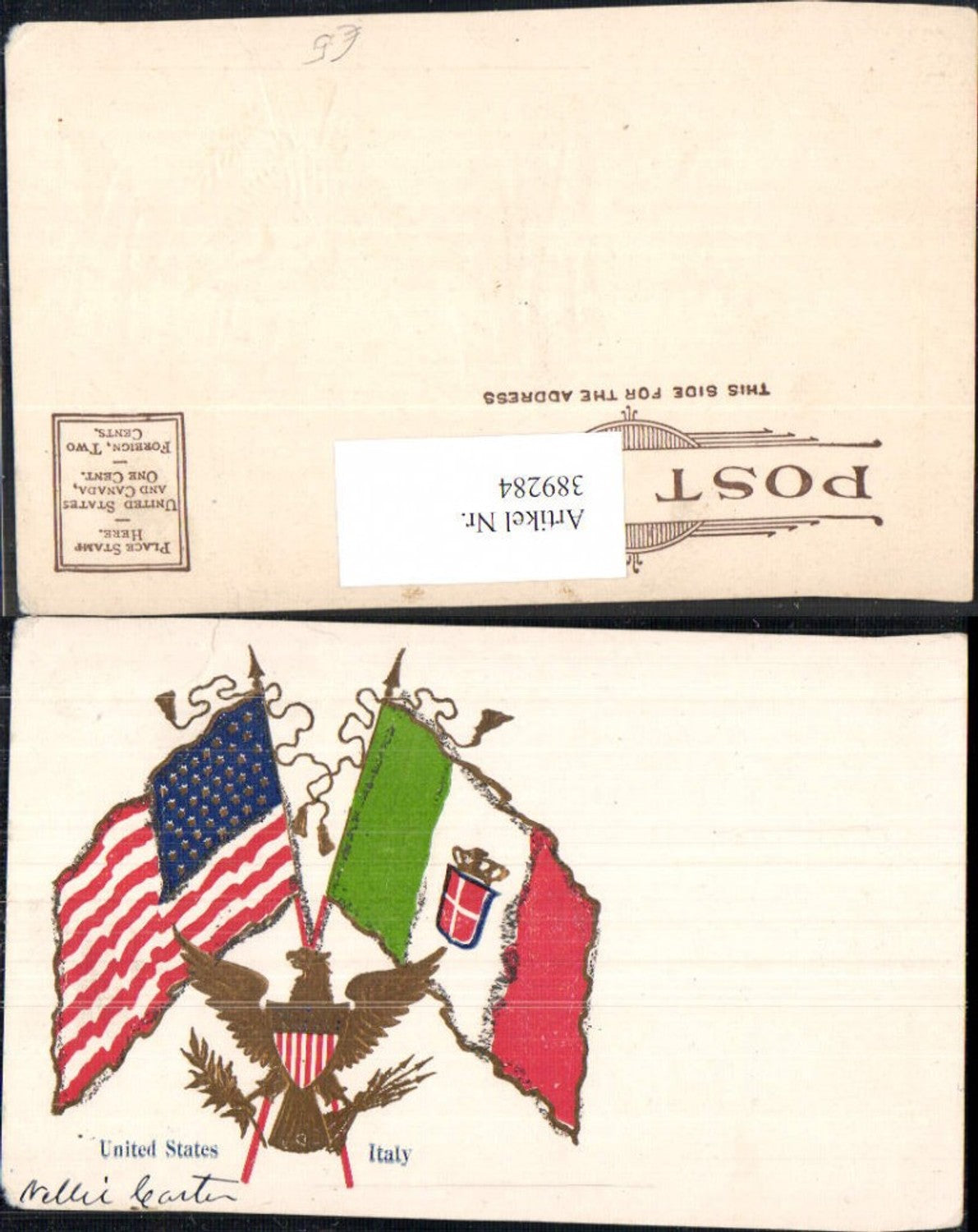 389284,Präge Ak 19 Jahrhundert Fahnen United States Italy Adler Wappen Gold