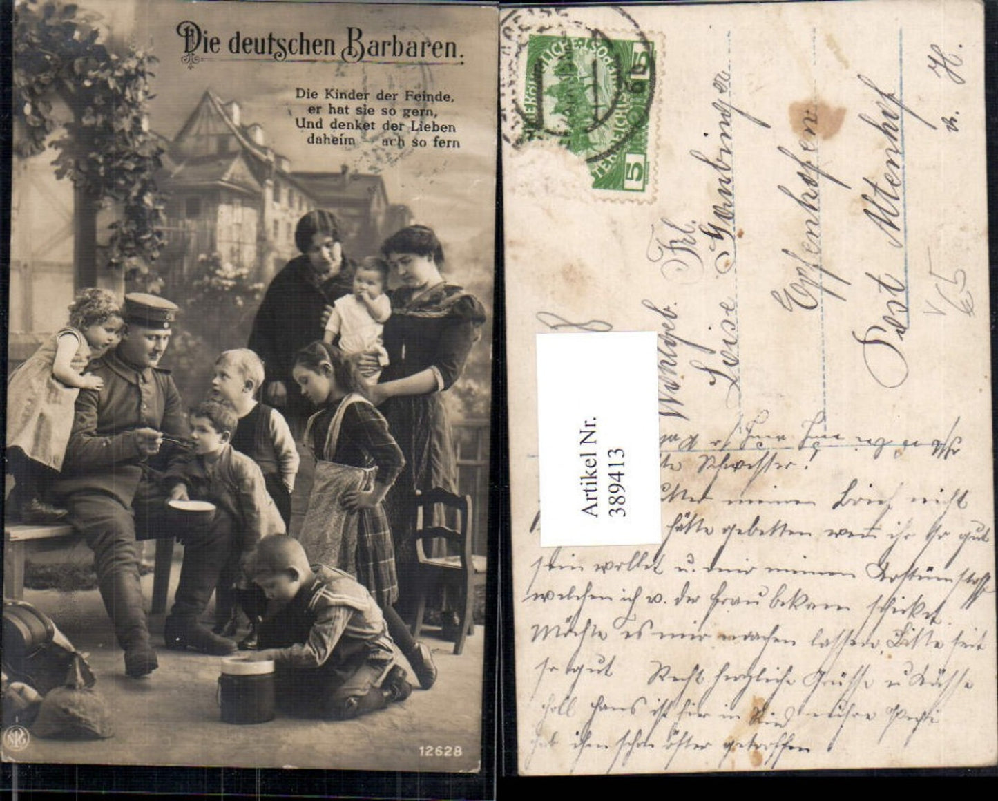 389413,WW1 Soldat füttert Bub Kinder u. Frauen Die deutschen Barbaren Text pub NPG 12628