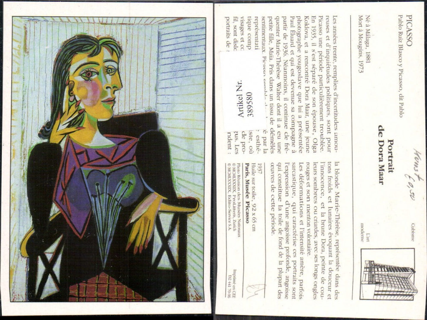 389580,Repro Künstler Ak Pablo Picasso Portrait de Dora Maar Cubisme Kubismus