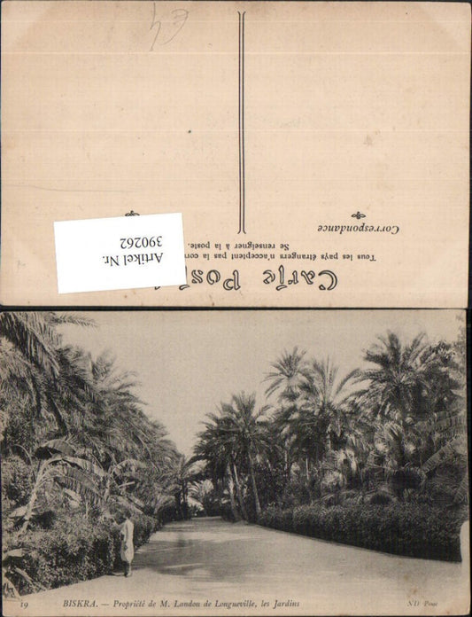 390262,Algeria Biskra Propriete de M. Landon de Longueville Jardins Palmen
