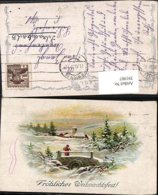 391907,Künstler AK Weihnachten Winterlandschaft Brücke Dorf