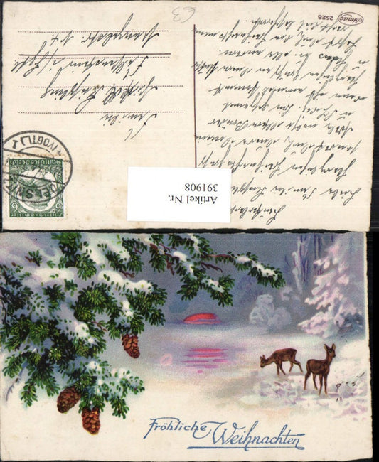 391908,Künstler AK Weihnachten Winterlandschaft Rehe Baum Zapfen