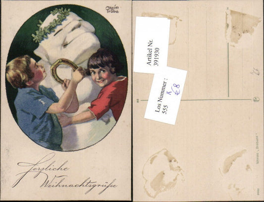 391930,Künstler AK Maxim Trübe Weihnachten Kinder Schneemann Hufeisen Passepartout