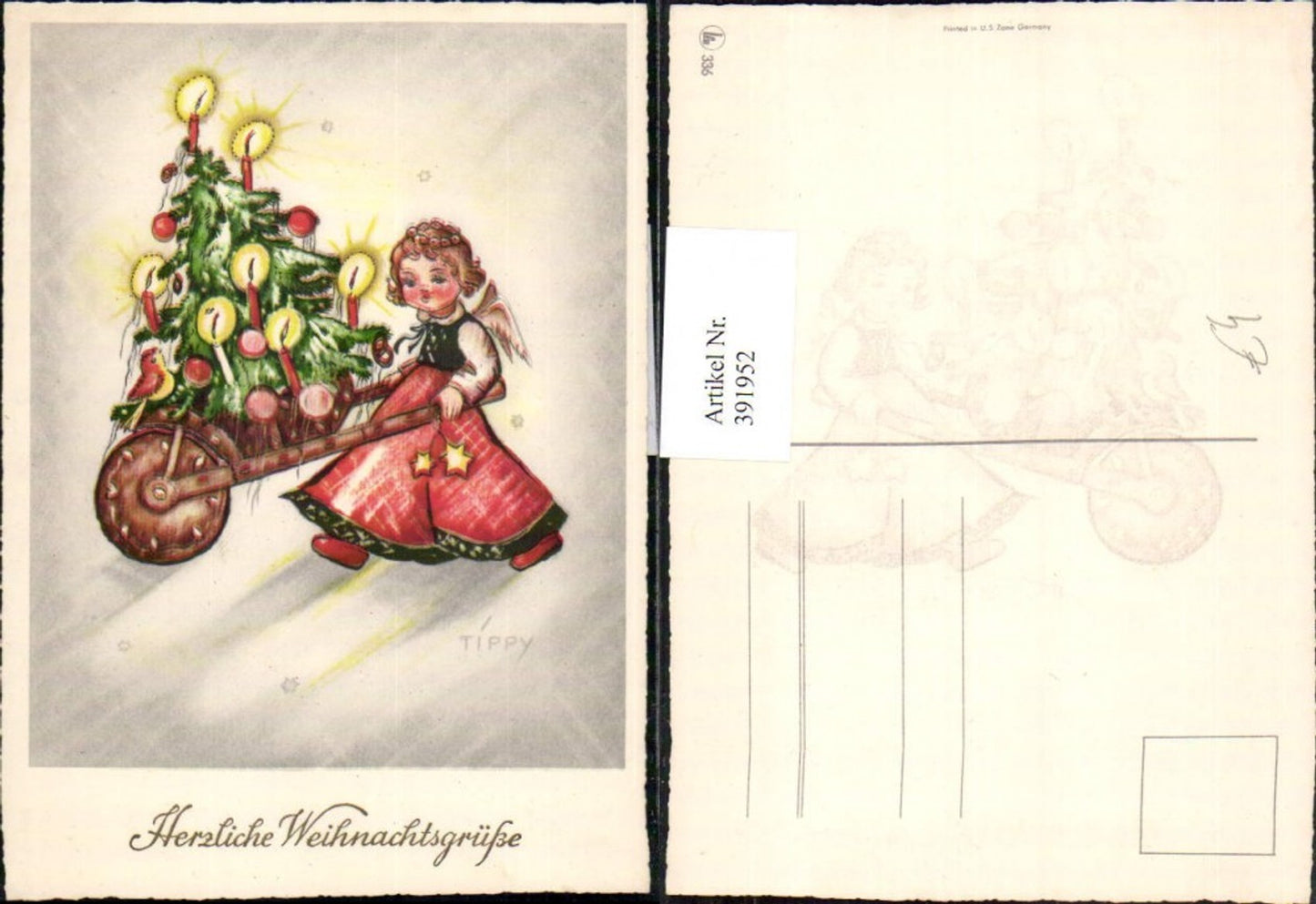 391952,Künstler AK Tippy Weihnachten Engel Schubkarre Christbaum Weihnachtsbaum
