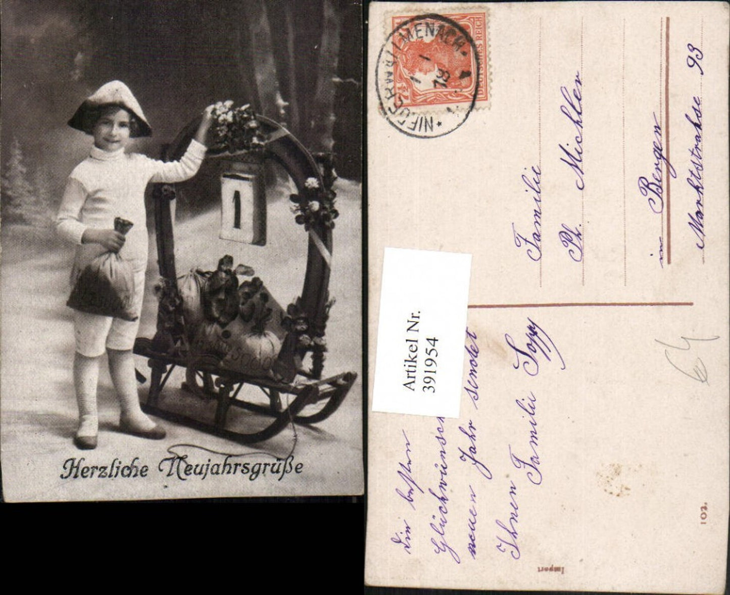 391954,Neujahr Kind m. Geldsack Geldsäcke Münzen Schlitten Hufeisen Kalender