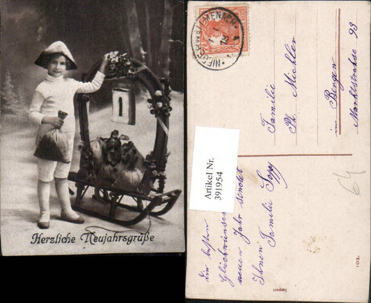 391954,Neujahr Kind m. Geldsack Geldsäcke Münzen Schlitten Hufeisen Kalender