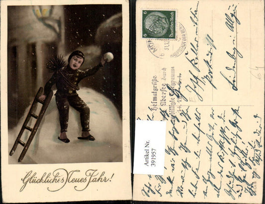 391957,Neujahr Kind als Rauchfangkehrer Schornsteinfeger Leiter Schneeball