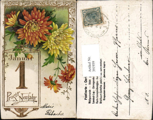 391959,Präge Litho Goldverzierung Neujahr Blumen