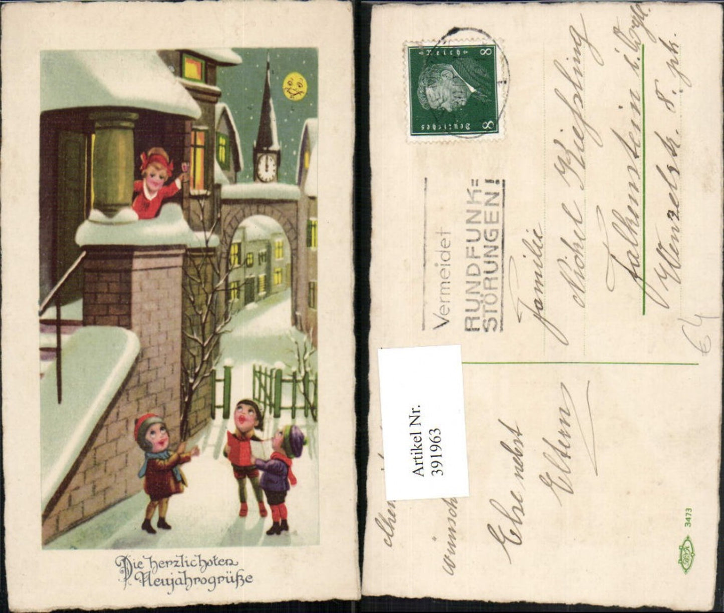 391963,Künstler AK Neujahr Winterstadt Kinder Baumzweig Mondgesicht