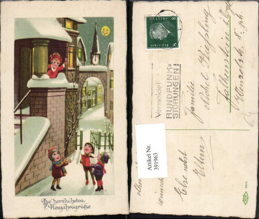 391963,Künstler AK Neujahr Winterstadt Kinder Baumzweig Mondgesicht