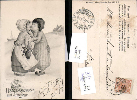 391964,Künstler AK R. Kratky Neujahr Holländische Kinder Tracht Kuss pub Theo Stroefer 419/5
