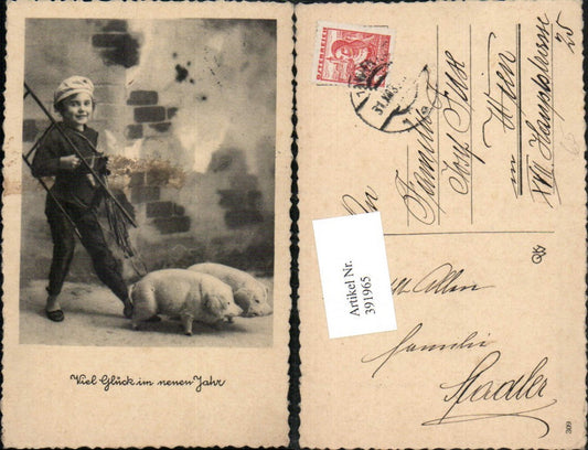 391965,Neujahr Kind als Rauchfangkehrer Schornsteinfeger Leiter Schweine Ferkel