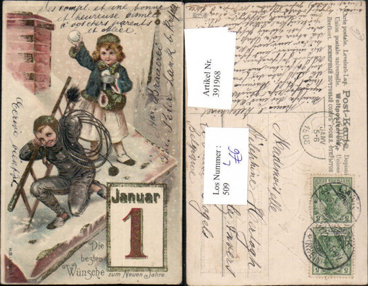 391968,Präge Litho Neujahr Dach Kinder Rauchfangkehrer Schornsteinfeger Schneeball