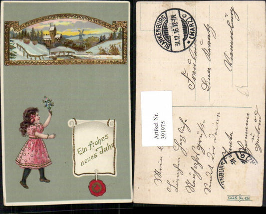 391975,Präge Künstler AK Neujahr Winterlandschaft Windmühle Passepartout Mädchen
