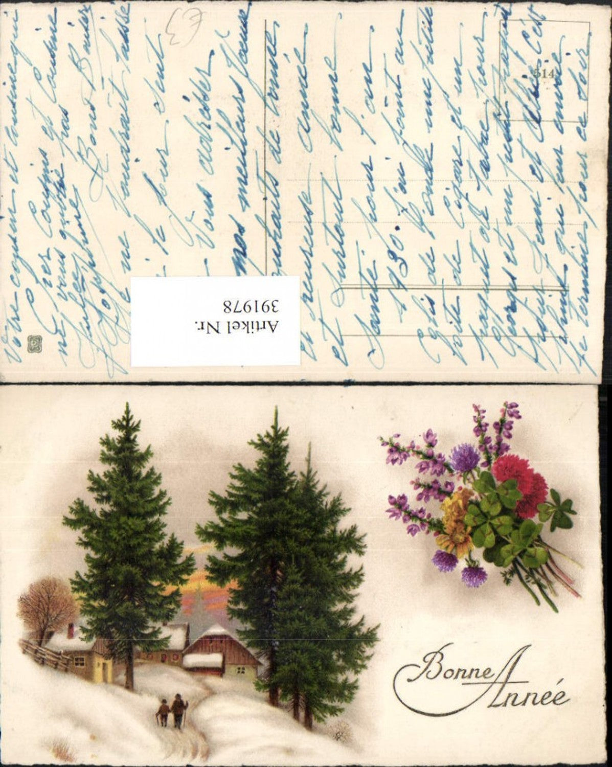 391978,Künstler AK Neujahr Winterlandschaft Haus Blumen Klee