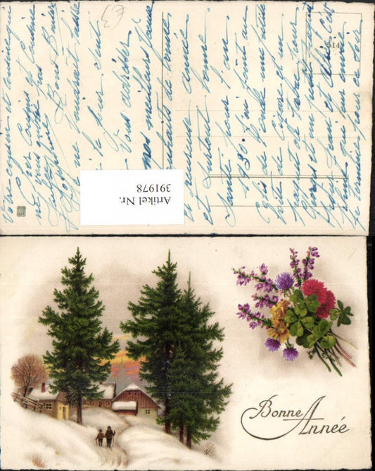 391978,Künstler AK Neujahr Winterlandschaft Haus Blumen Klee